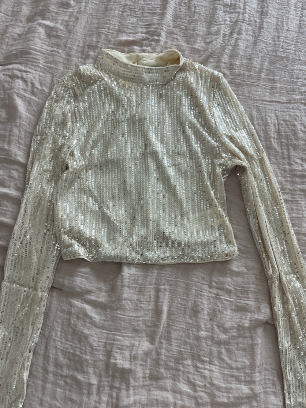 SHEIN Cream Sequin Cropped Long Sleeve Top